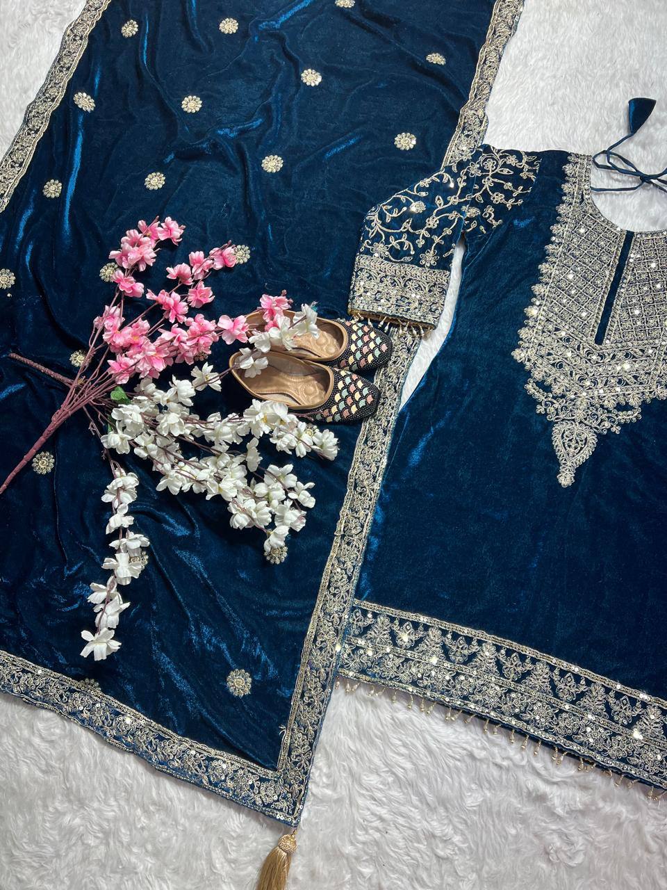 "Luxurious Heavy Viscose Velvet Suit Set with Intricate Embroidery & Full Sleeve Detailing"