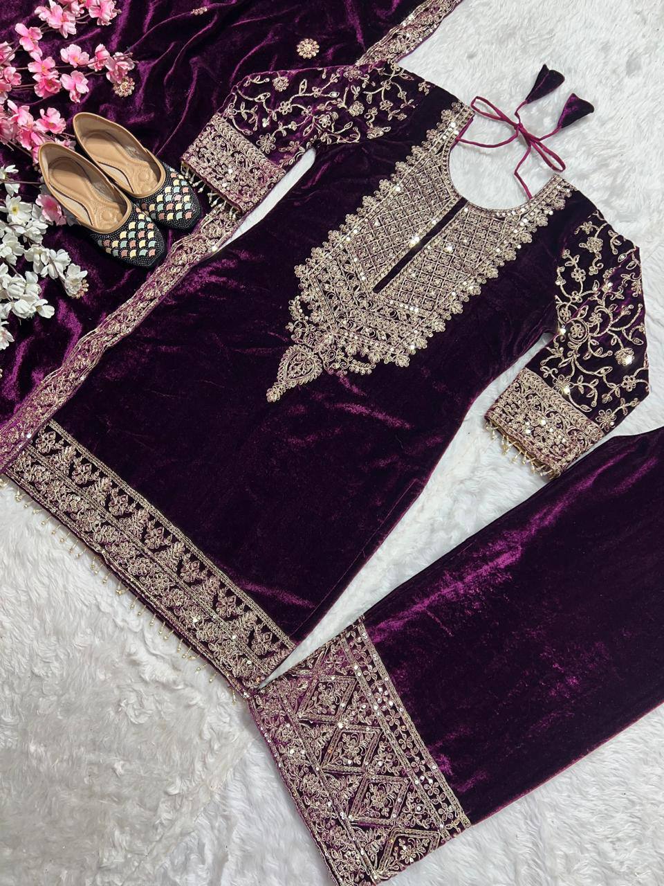 "Luxurious Heavy Viscose Velvet Suit Set with Intricate Embroidery & Full Sleeve Detailing"