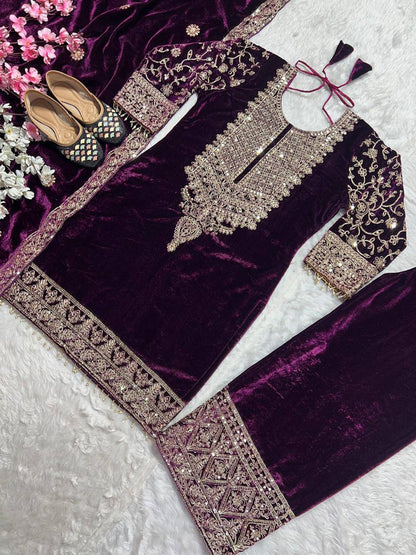 "Luxurious Heavy Viscose Velvet Suit Set with Intricate Embroidery & Full Sleeve Detailing"