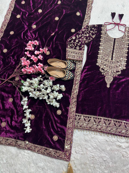 "Luxurious Heavy Viscose Velvet Suit Set with Intricate Embroidery & Full Sleeve Detailing"