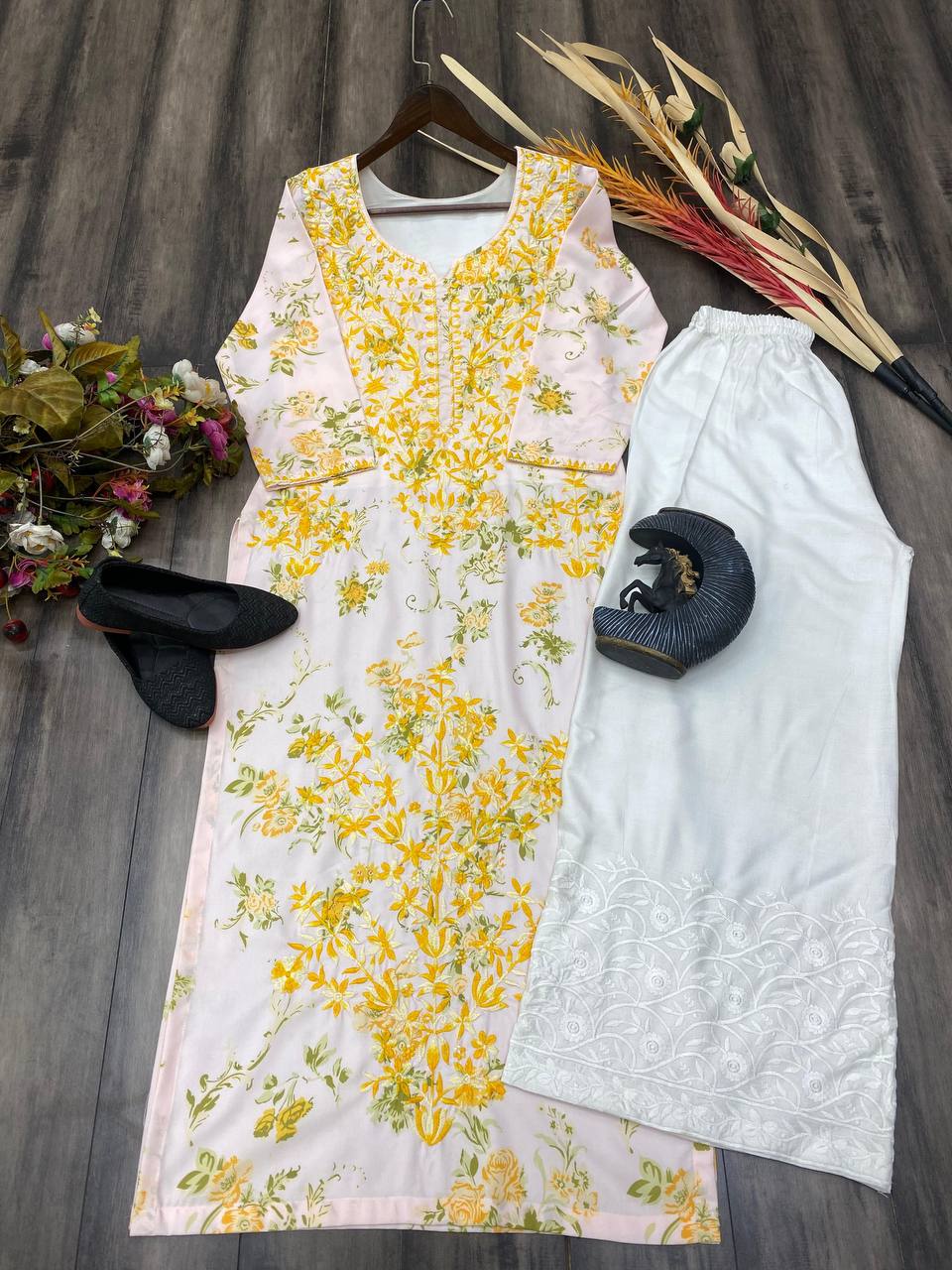 "Embroidered Rayon Top & Plazo Set with Micro Cotton Inner – Stylish & Comfortable"