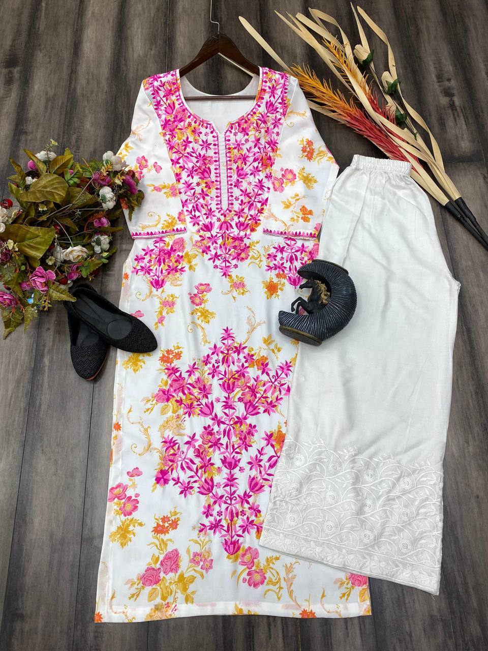 "Embroidered Rayon Top & Plazo Set with Micro Cotton Inner – Stylish & Comfortable"