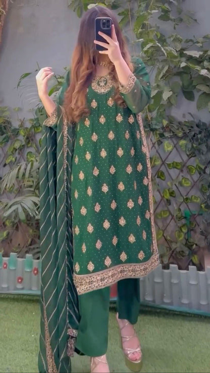 "Elegant Threadwork Ensemble with Sequins and Lace"