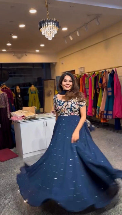 "Elegant Crepe Top, Pant, and Dupatta Set with Thread Work & Sequins"