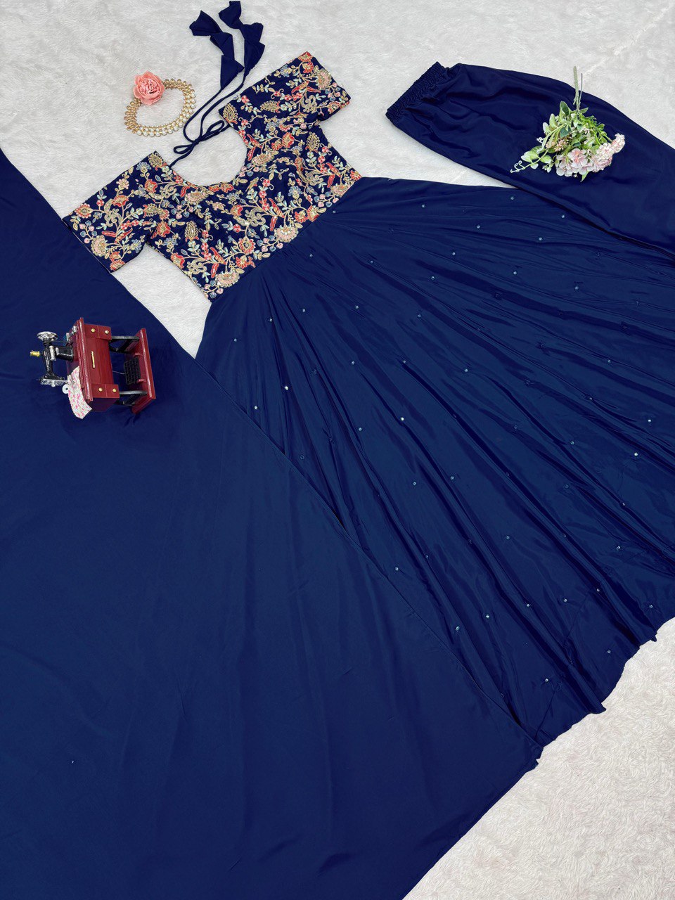 "Elegant Crepe Top, Pant, and Dupatta Set with Thread Work & Sequins"