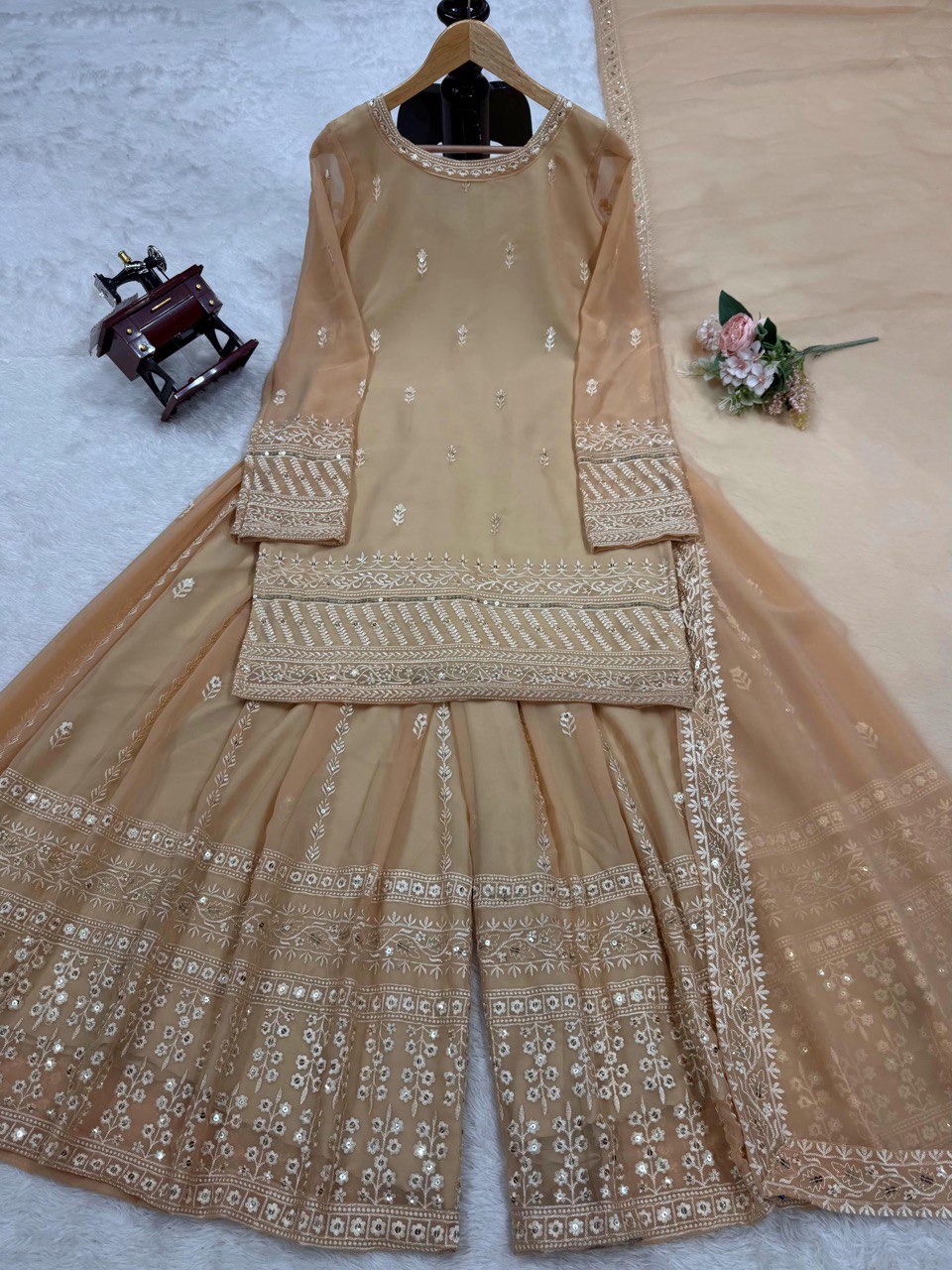 "Elegant Foux Gorgette Ensemble with Thread Sequence Work"