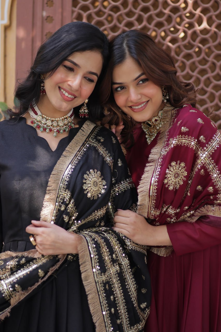 "Luxurious Star Georgette Sequins Embroidered Gown with Designer Dupatta"