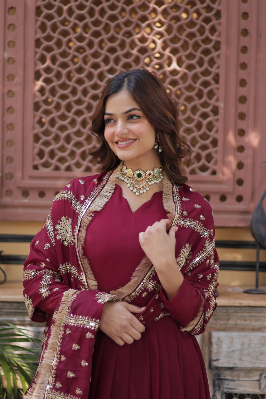 "Luxurious Star Georgette Sequins Embroidered Gown with Designer Dupatta"