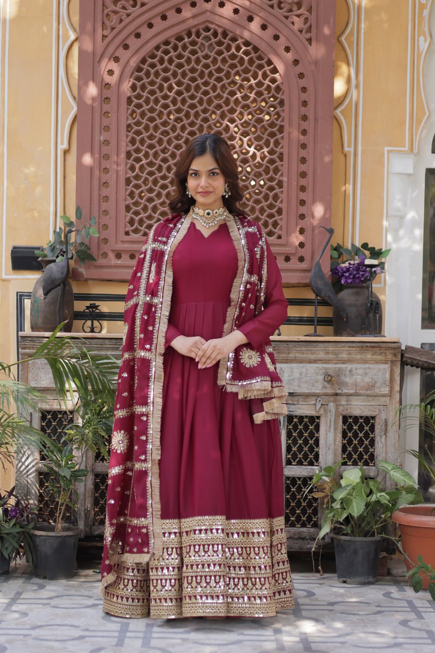 "Luxurious Star Georgette Sequins Embroidered Gown with Designer Dupatta"