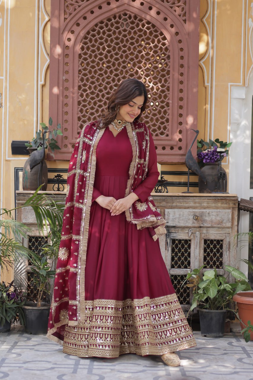 "Luxurious Star Georgette Sequins Embroidered Gown with Designer Dupatta"