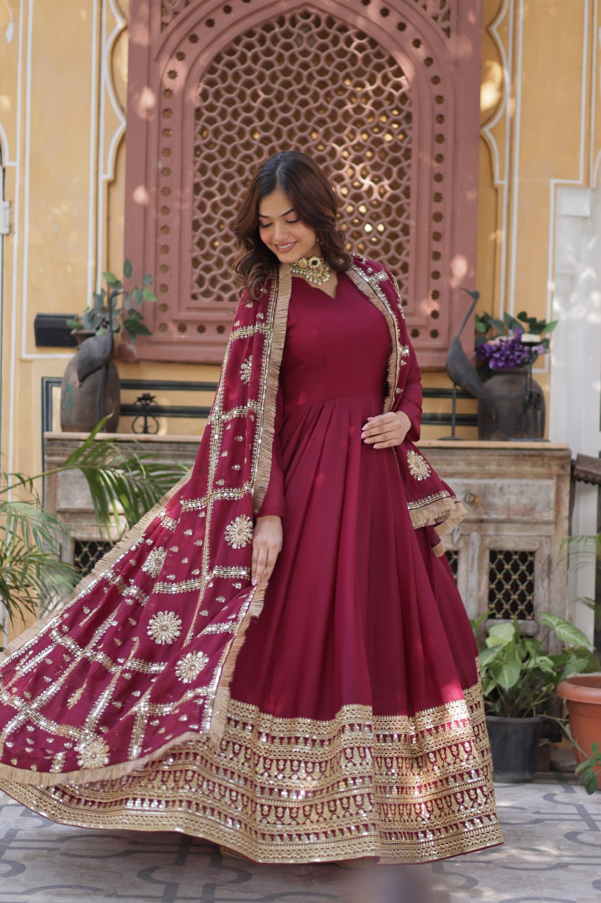 "Luxurious Star Georgette Sequins Embroidered Gown with Designer Dupatta"
