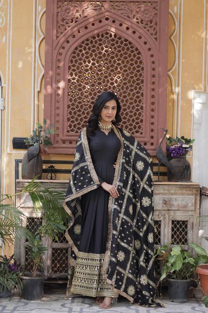 "Luxurious Star Georgette Sequins Embroidered Gown with Designer Dupatta"