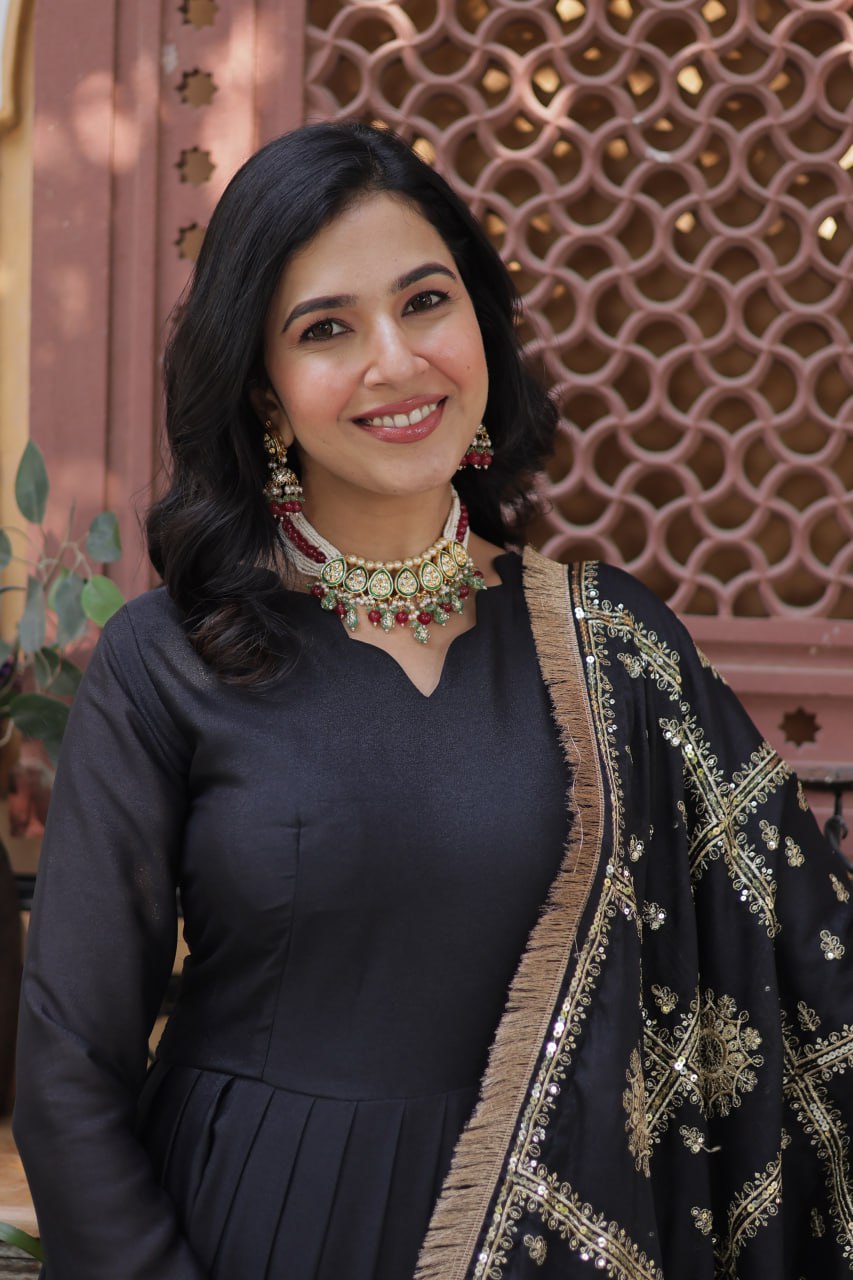 "Luxurious Star Georgette Sequins Embroidered Gown with Designer Dupatta"