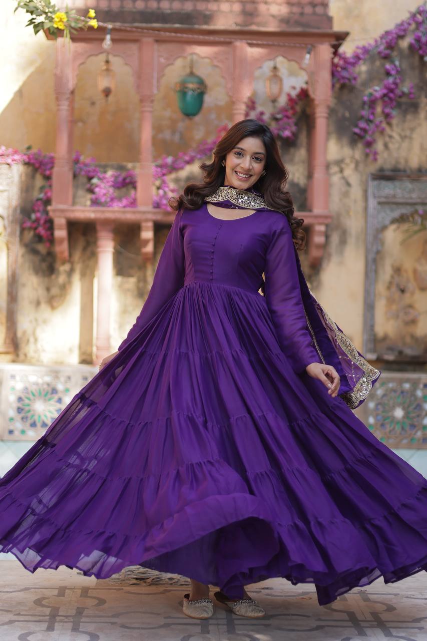 "Elegant Star Georgette Gown with Sequins Embroidered Dupatta – Available in 4 Colours"