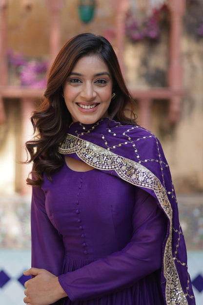 "Elegant Star Georgette Gown with Sequins Embroidered Dupatta – Available in 4 Colours"