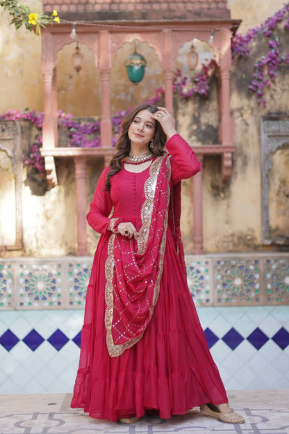 "Elegant Star Georgette Gown with Sequins Embroidered Dupatta – Available in 4 Colours"