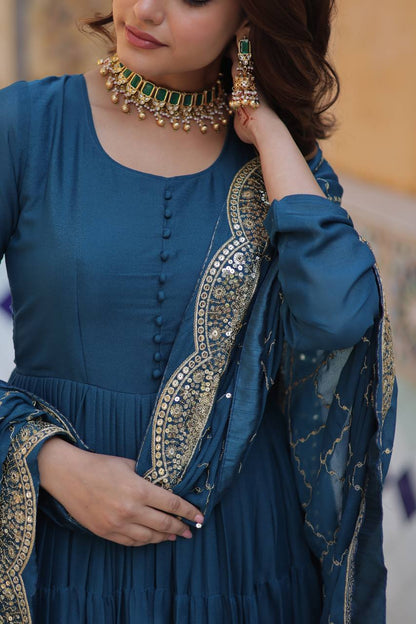 "Elegant Star Georgette Gown with Sequins Embroidered Dupatta – Available in 4 Colours"
