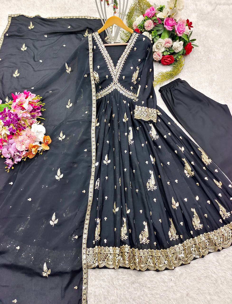 "Elegant Gwon Set: Pure Cinon Silk with Heavy Embroidery, Fully Stitched & Ready to Wear"