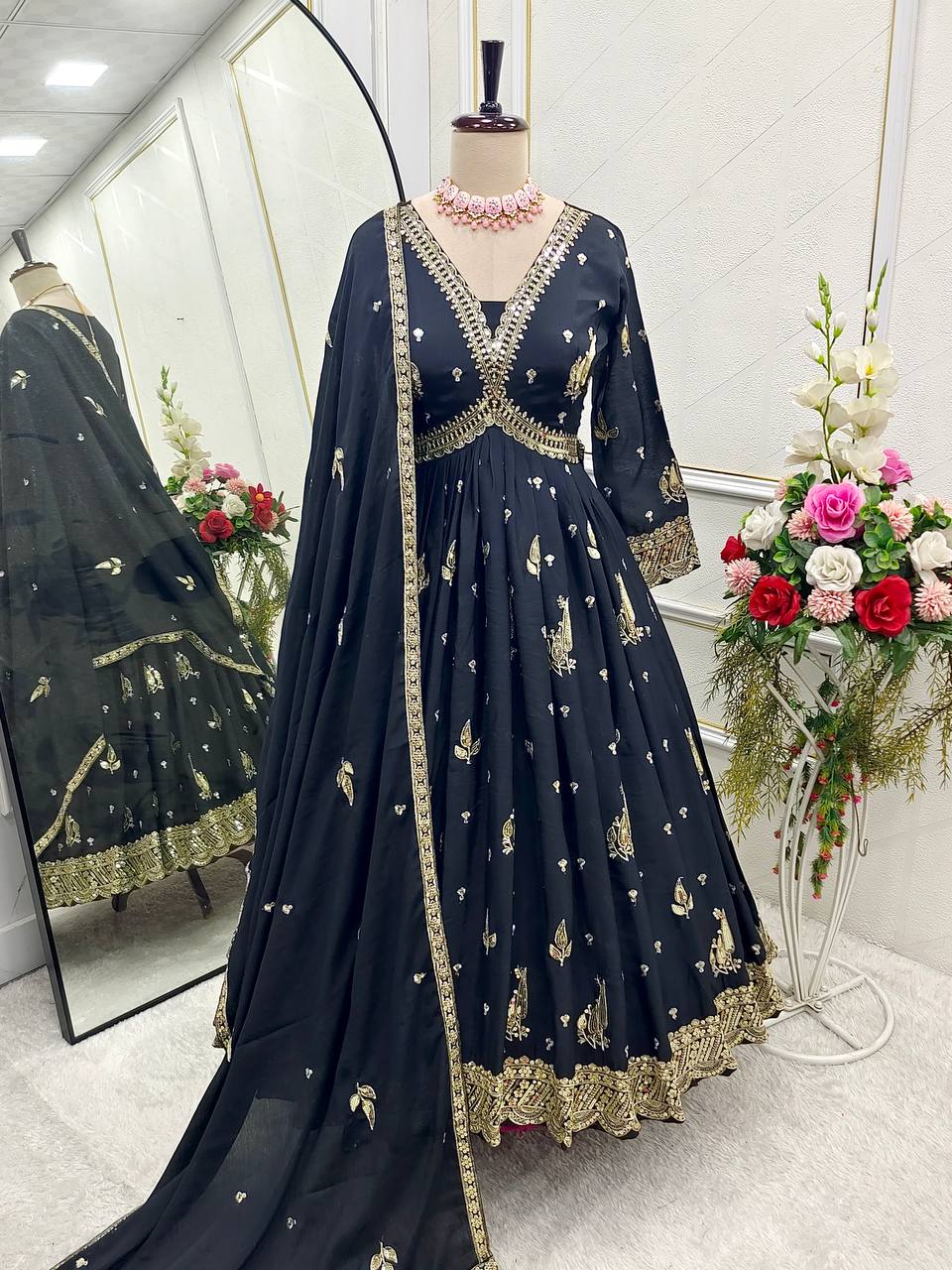 "Elegant Gwon Set: Pure Cinon Silk with Heavy Embroidery, Fully Stitched & Ready to Wear"