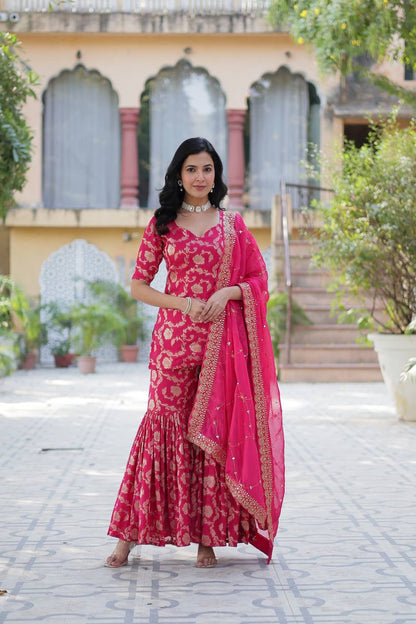 "Exquisite Viscose Georgette Jacquard Kurti Set with Gharara & Embroidered Dupatta"