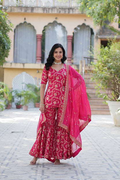 "Exquisite Viscose Georgette Jacquard Kurti Set with Gharara & Embroidered Dupatta"