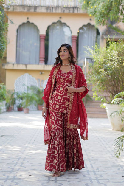 "Exquisite Viscose Georgette Jacquard Kurti Set with Gharara & Embroidered Dupatta"