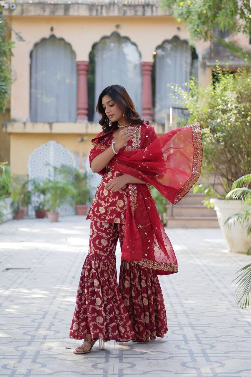 "Exquisite Viscose Georgette Jacquard Kurti Set with Gharara & Embroidered Dupatta"