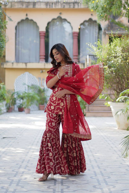 "Exquisite Viscose Georgette Jacquard Kurti Set with Gharara & Embroidered Dupatta"