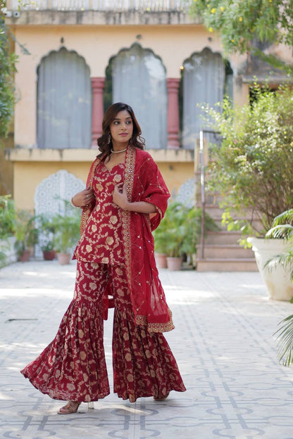 "Exquisite Viscose Georgette Jacquard Kurti Set with Gharara & Embroidered Dupatta"