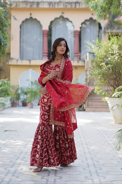 "Exquisite Viscose Georgette Jacquard Kurti Set with Gharara & Embroidered Dupatta"
