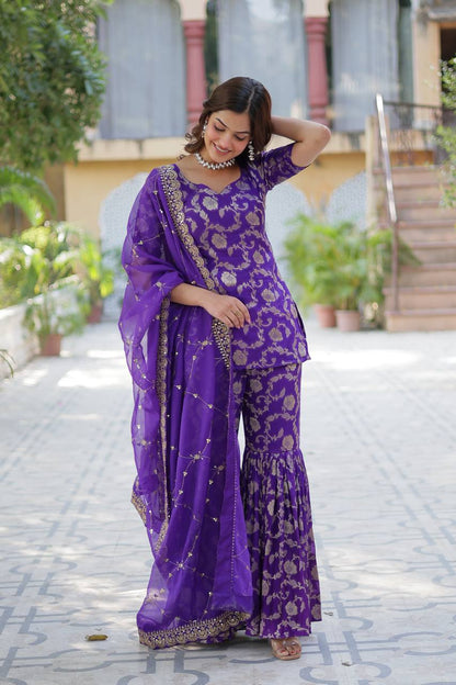 "Exquisite Viscose Georgette Jacquard Kurti Set with Gharara & Embroidered Dupatta"