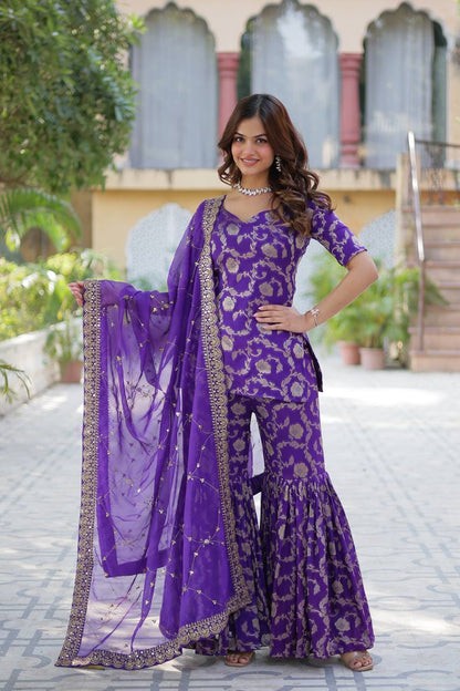 "Exquisite Viscose Georgette Jacquard Kurti Set with Gharara & Embroidered Dupatta"