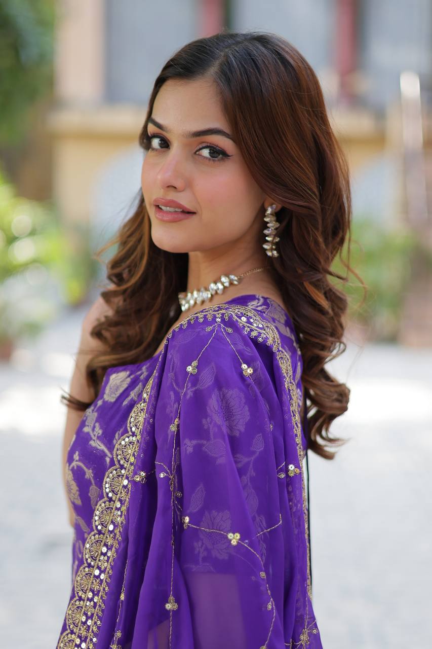 "Exquisite Viscose Georgette Jacquard Kurti Set with Gharara & Embroidered Dupatta"