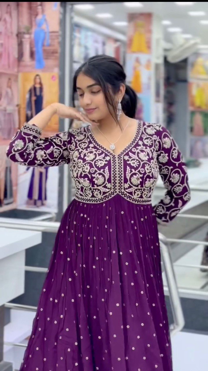 "Elegant Foux Gorgette Top & Plazo Set with Thread Work and Sequins"