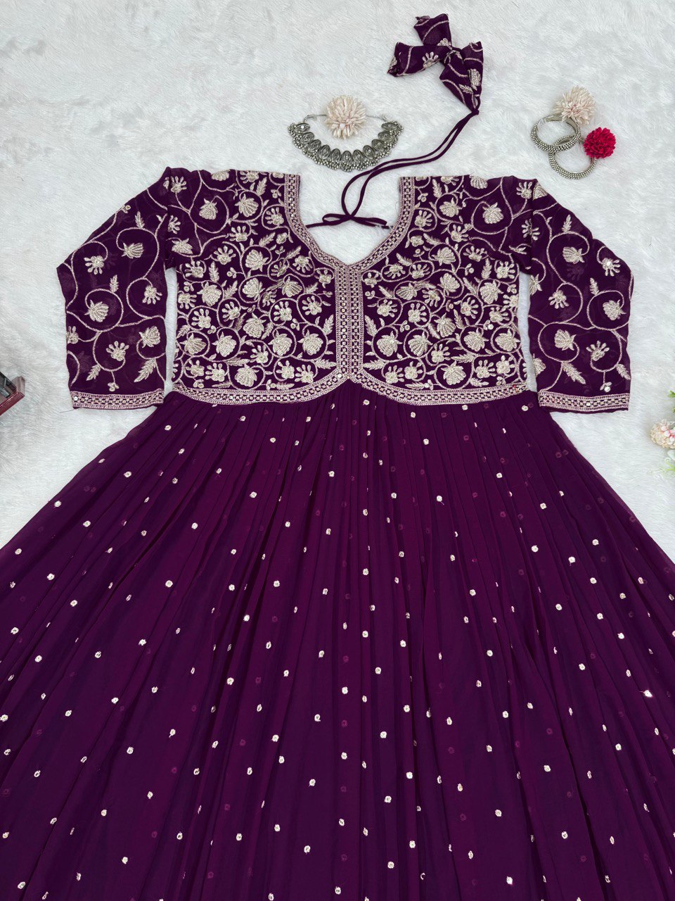 "Elegant Foux Gorgette Top & Plazo Set with Thread Work and Sequins"