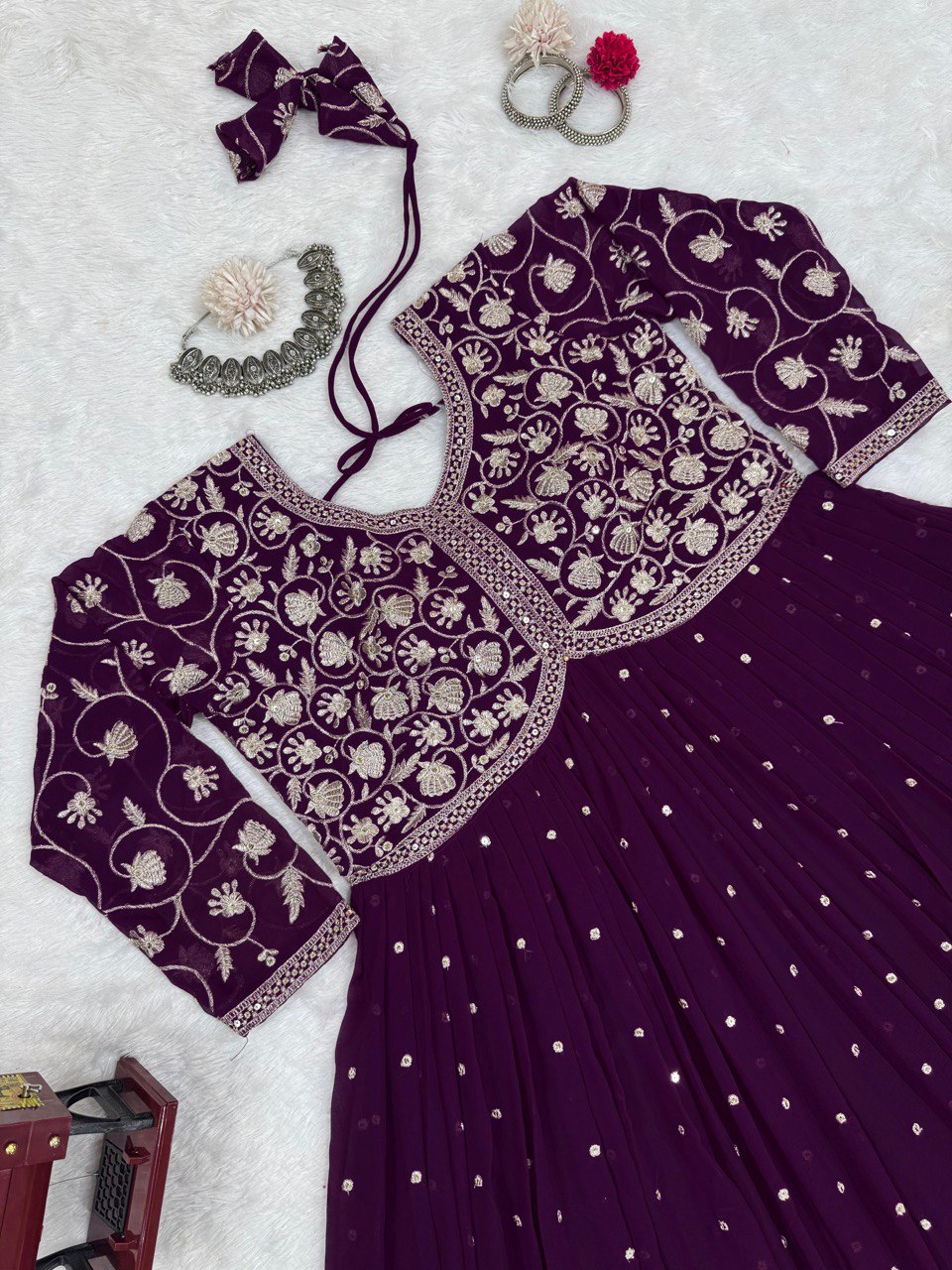 "Elegant Foux Gorgette Top & Plazo Set with Thread Work and Sequins"