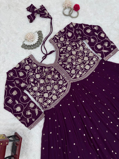 "Elegant Foux Gorgette Top & Plazo Set with Thread Work and Sequins"