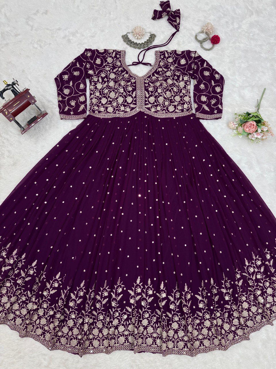 "Elegant Foux Gorgette Top & Plazo Set with Thread Work and Sequins"
