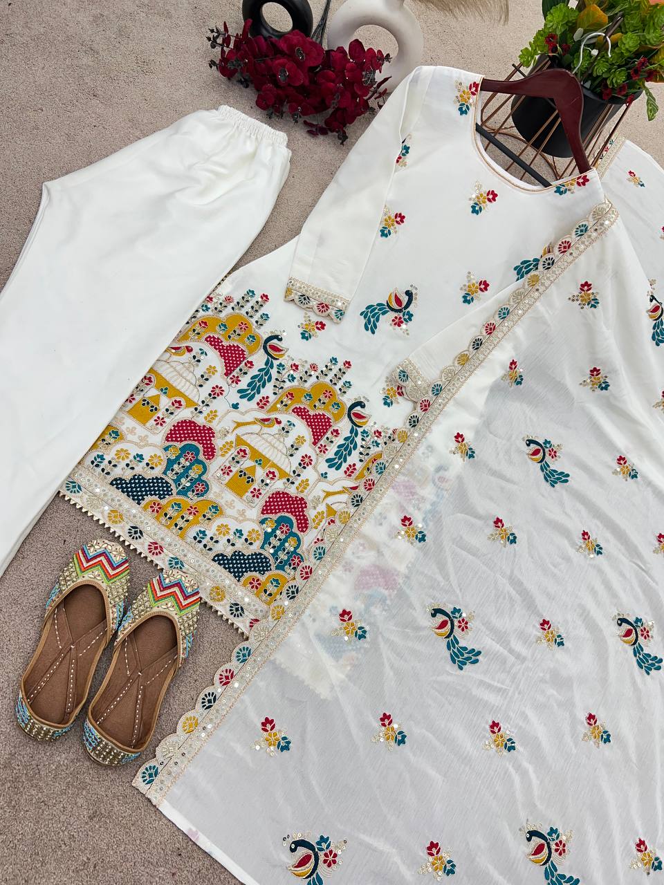 Elegant Heavy Chinnon Silk Set with Embroidery & Sequence Work