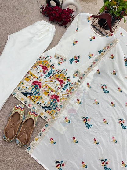 Elegant Heavy Chinnon Silk Set with Embroidery & Sequence Work