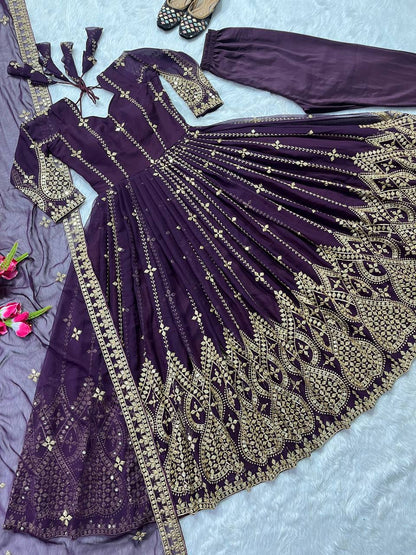 "Elegant Heavy Faux Georgette Anarkali Set with Sequence & Embroidery Work – Includes Dupatta, Pants, and Inner"