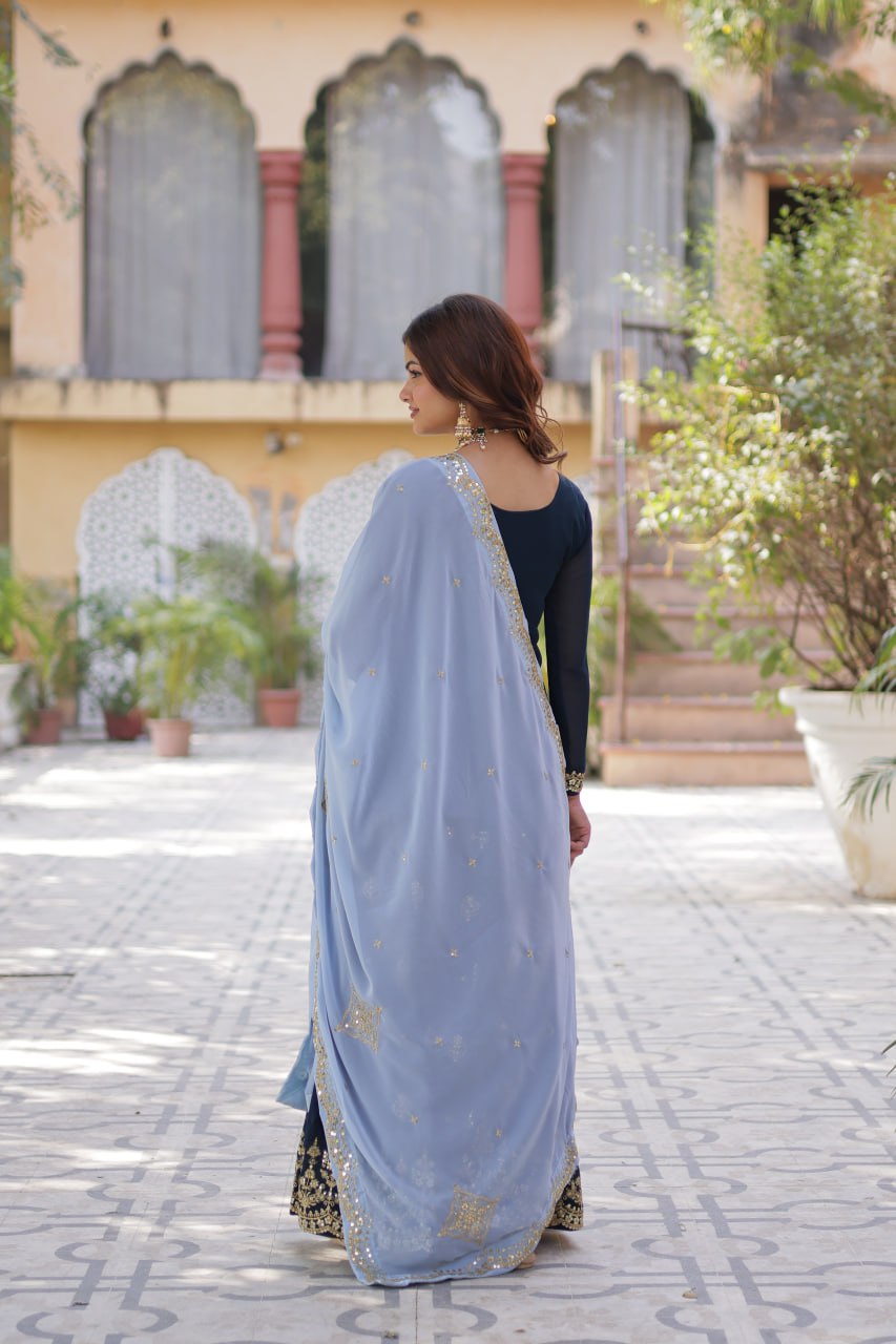 "Elegant Faux Blooming Sequins Embroidered Kurti, Plazzo, and Dupatta Set"
