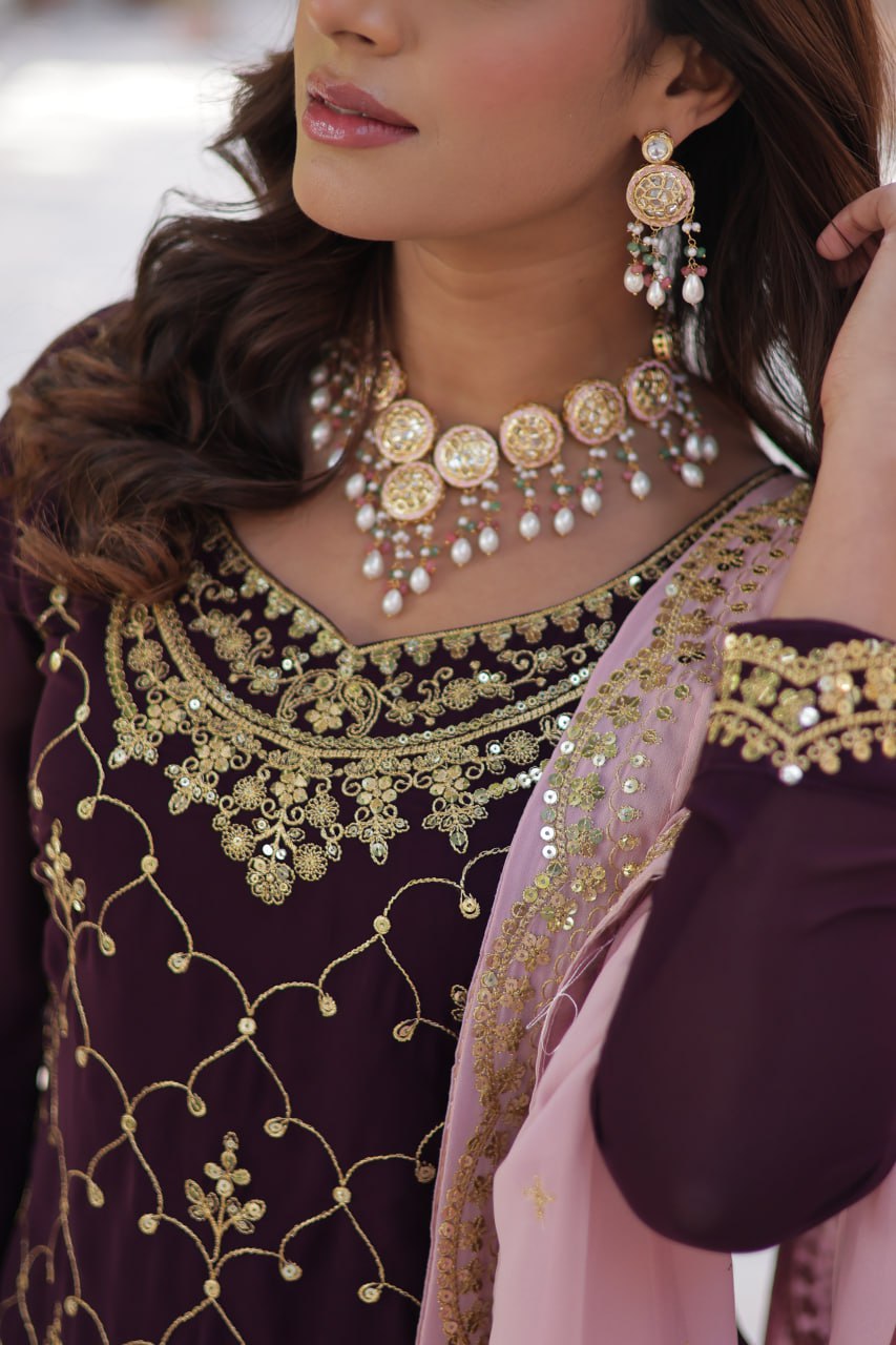 "Elegant Faux Blooming Sequins Embroidered Kurti, Plazzo, and Dupatta Set"