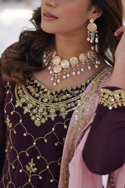 "Elegant Faux Blooming Sequins Embroidered Kurti, Plazzo, and Dupatta Set"