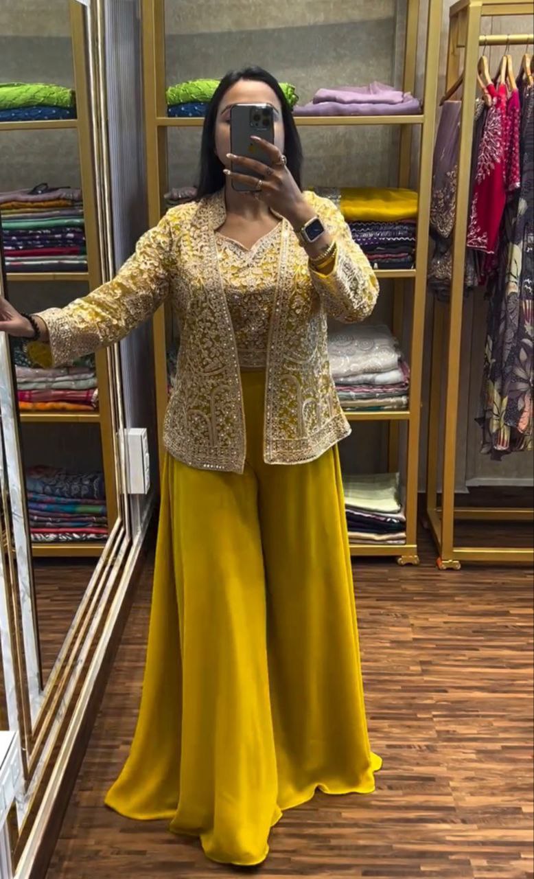 "Elegant Heavy Georgette Plazzo Set with Embroidered Blouse & Koti"