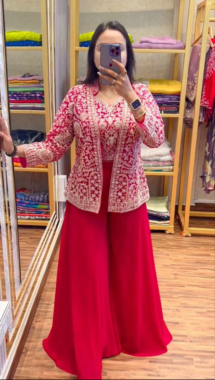 "Elegant Heavy Georgette Plazzo Set with Embroidered Blouse & Koti"