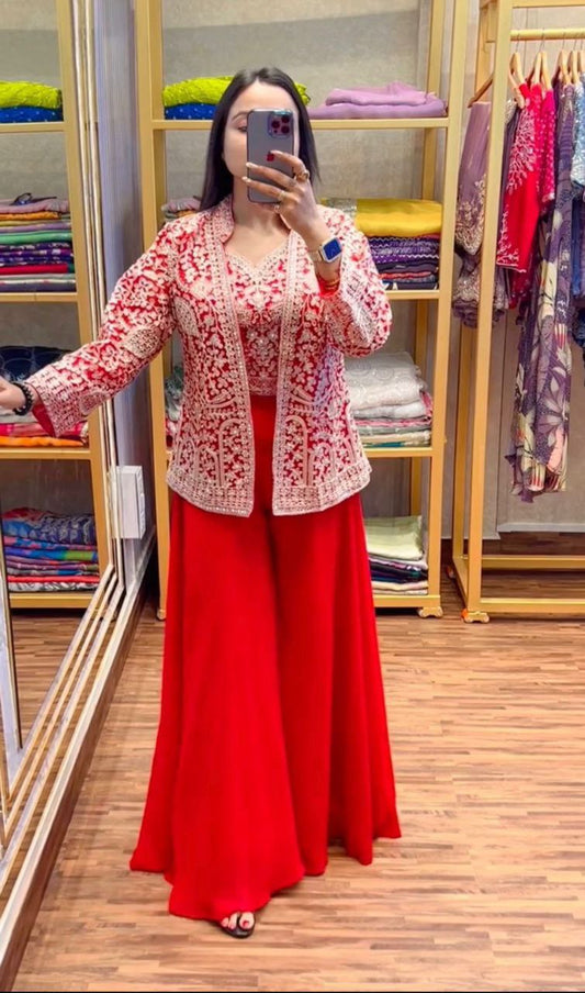 "Elegant Heavy Georgette Plazzo Set with Embroidered Blouse & Koti"