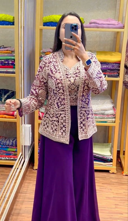 "Elegant Heavy Georgette Plazzo Set with Embroidered Blouse & Koti"