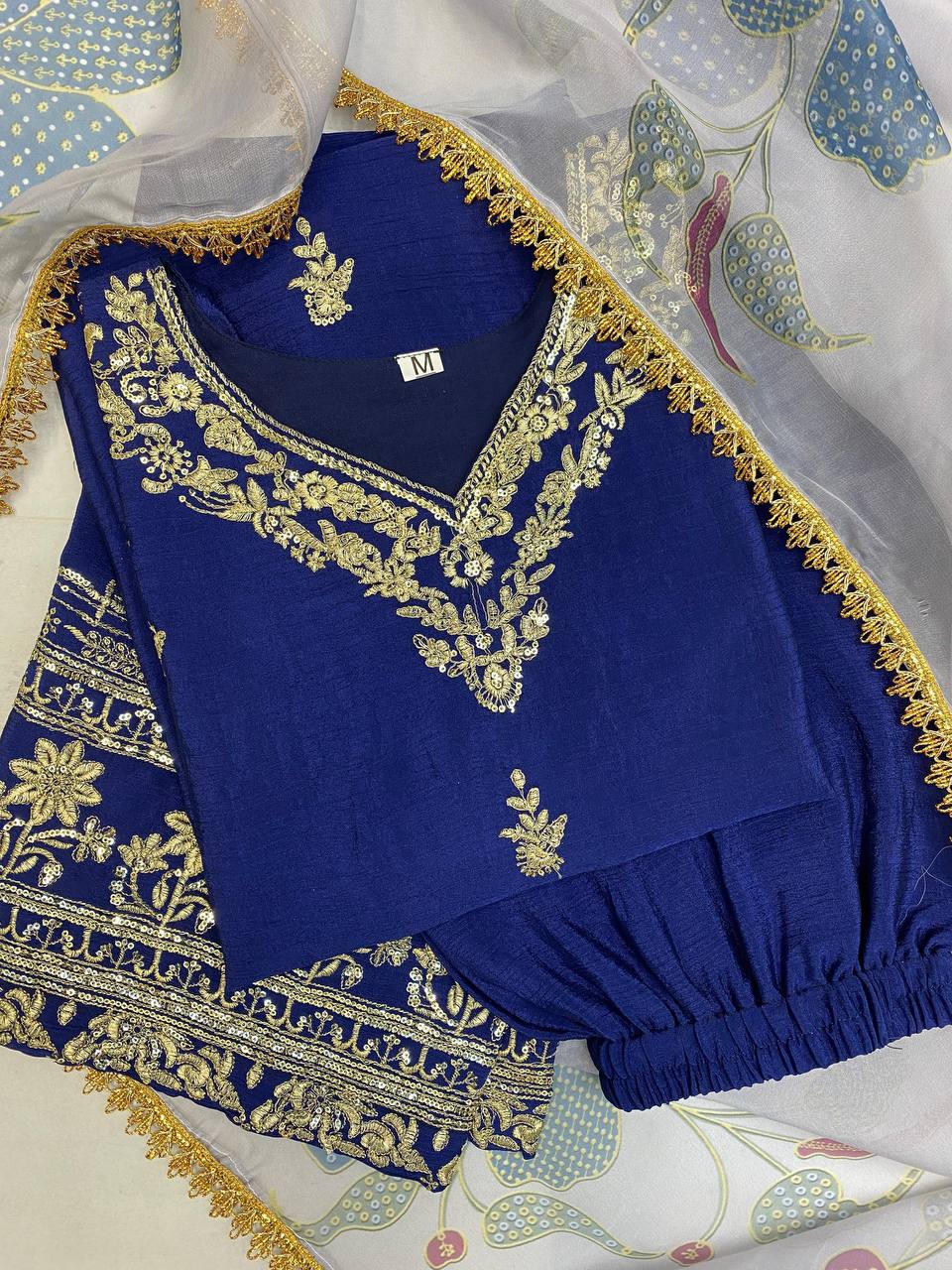 "Elegance in Chinon: Embroidered Sequence Suit with Organza Dupatta & Sequined Pant Border"