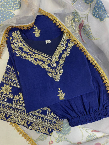 "Elegance in Chinon: Embroidered Sequence Suit with Organza Dupatta & Sequined Pant Border"
